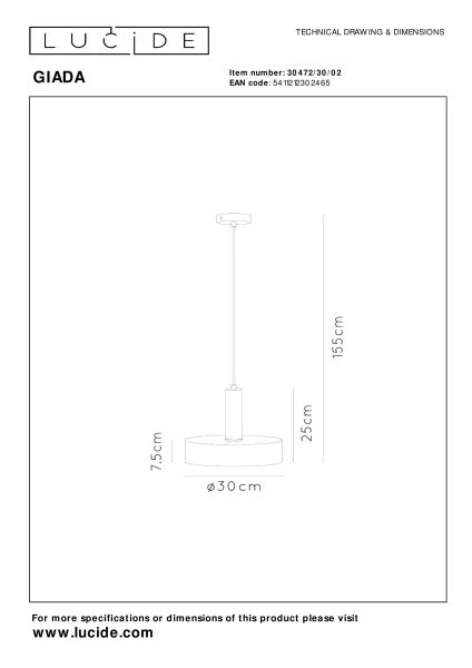 Lucide GIADA - Suspension - Ø 30 cm - 1xE27 - Or Mat / Laiton - TECHNISCH